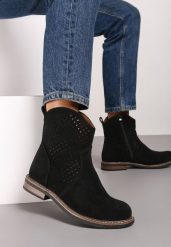 Czarne Botki z Ażurową Cholewką i Skórzaną Wkładką Tinalei. Czarne botki damskie Born2be, z jeansu, eleganckie, bez obcasa, na płaskiej podeszwie, bez zapięcia. Za 169.99 zł.