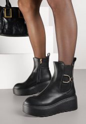 Czarne Botki Vices Typu Sztyblety na Platformie z Metaliczną Ozdobą Faliora. Czarne botki damskie Born2be, z jeansu, eleganckie, bez obcasa, na platformie, bez zapięcia. Za 119.99 zł.