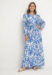 Niebieska Rozkloszowana Sukienka z Wiskozą z Wiązaniem w Abstrakcyjny Wzór Ridimarelle. Niebieskie sukienki damskie Born2be, l, bez wzorów, z materiału, klasyczne, bez kołnierzyka, bez ramiączek, maxi, rozkloszowane. W wyprzedaży za 111.99 zł.