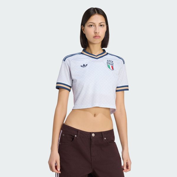 Koszulka wyjazdowa o skróconym fasonie Włochy 26. Niebieskie bluzki sportowe damskie Adidas, xs, z materiału, bez kołnierzyka, bez ramiączek. Za 369.00 zł.