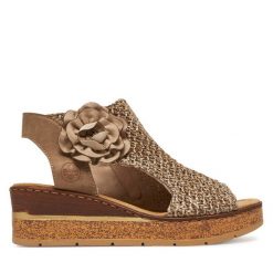 Sandały Rieker. Brązowe sandały damskie Rieker, bez wzorów, bez obcasa, na koturnie. Za 359.99 zł.