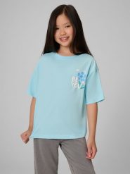 4F T-shirt boxy z nadrukiem dziewczęcy - niebieski 146/152 (10-12 lat). Niebieskie koszulki dziewczęce 4f, bez wzorów, z bawełny, bez ramiączek. Za 49.99 zł.