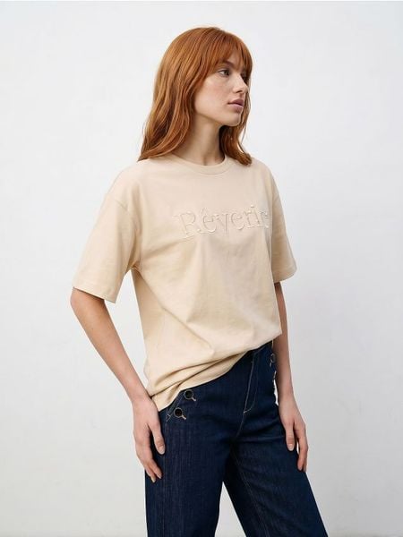 Bawełniana koszulka z krótkim rękawem i haftem - kremowy. Białe t-shirty damskie Sinsay, l, bez wzorów, z bawełny, bez kołnierzyka. Za 25.99 zł.