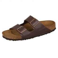 Klapki damskie Birkenstock Arizona Dunkelbraun Birkoflor. Brązowe klapki damskie Birkenstock, bez wzorów, z materiału, bez obcasa. Za 380.66 zł.
