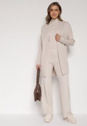 Beżowy Dzianinowy Komplet z Wiskozą Spodnie Bluzka z Półgolfem i Kardigan Vetisena. Brązowe spodnie materiałowe damskie Born2be, bez wzorów, z dzianiny, biznesowe. Za 189.99 zł.