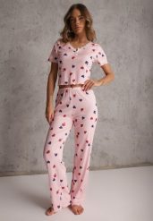 Różowy Elastyczny Komplet Piżamowy w Serduszka Spodnie i Top Isle. Czerwone piżamy damskie Renee, l, bez wzorów, z materiału, bez ramiączek. Za 79.99 zł.