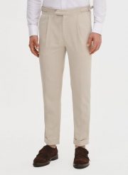 PAKO LORENTE - Beżowe spodnie męskie z lnem. Brązowe spodnie materiałowe męskie Pako Lorente, bez wzorów, z bawełny, casualowe. Za 249.99 zł.