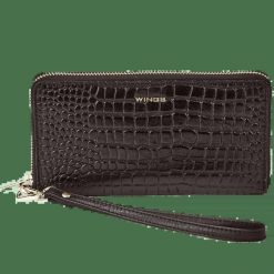 Damski portfel skórzany z paskiem na nadgarstek WINGS CROCO BLACK. Czarne portfele damskie Wings, bez wzorów, ze skóry. Za 79.90 zł.