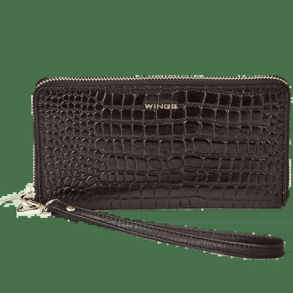 Damski portfel skórzany z paskiem na nadgarstek WINGS CROCO BLACK. Czarne portfele damskie Wings, bez wzorów, ze skóry. Za 79.90 zł.
