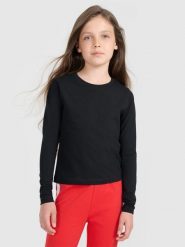 4F Longsleeve slim gładki dziewczęcy - czarny 122 (6-7 lat). Czarne koszulki dziewczęce 4f, bez wzorów, z bawełny, bez ramiączek. Za 49.99 zł.