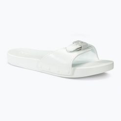 Klapki damskie Scholl Pescura Flat Aqua Eva. Białe klapki damskie Scholl, bez wzorów, z gumy, bez obcasa. Za 119.99 zł.