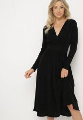 Czarna Taliowana Sukienka z Wiskozą o Rozkloszowanym Kroju Zdobiona Metaliczną Nicią Mesinae. Czarne sukienki damskie Born2be, do pracy, s, z aplikacjami, z wiskozy, biznesowe, bez kołnierzyka, bez ramiączek, midi, rozkloszowane. W wyprzedaży za 151.99 zł.