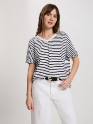Cross Jeans Koszulka w kolorze biało-czarnym rozmiar: M. Białe bluzki damskie Cross Jeans, m, bez wzorów, z jeansu, bez kołnierzyka, bez ramiączek. Za 74.63 zł.
