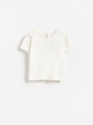 Strukturalny t-shirt z bawełną - złamana biel. Koszulki dziewczęce Reserved, m, bez wzorów, z bawełny, bez ramiączek. Za 25.99 zł.