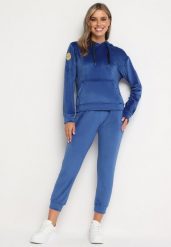 Granatowy Komplet Dresowy z Bawełną Bluza z Kapturem i Kieszenią Spodnie z Gumką w Talii Quesaria. Niebieskie bluzy z kapturem damskie Born2be, m, z bawełny. Za 89.99 zł.