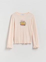 Koszulka z aplikacją Pusheen - pastelowy róż. Czerwone koszulki dziewczęce Reserved, z aplikacjami, z bawełny, bez ramiączek. Za 49.99 zł.