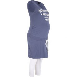 Komplet ciążowy: sukienka + legginsy bonprix niebieski indygo - biały z nadrukiem. Niebieskie legginsy damskie bonprix, bez wzorów, z bawełny, bez kołnierzyka, moda ciążowa, bez ramiączek. Za 54.99 zł.