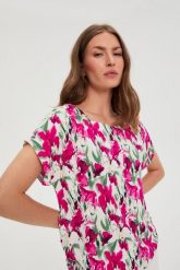 Koszula z krótkimi rękawami fuksjowa. Koszule damskie MOODO, bez wzorów, z wiskozy, bez kołnierzyka, bez ramiączek. Za 79.99 zł.