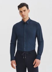 PAKO LORENTE – Granatowa dzianinowa koszula męska. Koszule męskie Pako Lorente, m, bez wzorów, z dzianiny, bez kołnierzyka, bez ramiączek. Za 299.99 zł.