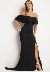 Czarna Elegancka Sukienka Typu Hiszpanka z Rozkloszowanym Dołem i Wycięciami Tumini. Czarne sukienki damskie Born2be, na lato, m, bez wzorów, z dzianiny, eleganckie, bez kołnierzyka, bez ramiączek, maxi, rozkloszowane. W wyprzedaży za 167.99 zł.