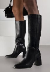 Czarne Eleganckie Kozaki VICES do Kolana ze Skóry Naturalnej na Słupku Reivela. Czarne kozaki damskie Born2be, z jeansu, bez obcasa, na obcasie. Za 299.99 zł.