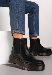 Czarne Botki na Platformie w Stylu Sztybletów z Elastyczną Wstawką Atinovia. Czarne botki damskie Renee, eleganckie, bez obcasa, na platformie, bez zapięcia. Za 124.99 zł.