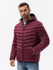 Pikowana sportowa męska kurtka o satynowym wykończeniu – bordowa V16. Czerwone kurtki treningowe męskie Ombre Clothing, l, z aplikacjami, z materiału. W wyprzedaży za 139.99 zł.