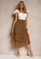 Brązowa Tiulowa Spódnica Rozkloszowana z Plisowaniem High Waist Eveleena. Brązowe spódniczki damskie Renee, bez wzorów, z tiulu, wizytowe, z podwyższonym stanem, midi, dopasowane. Za 44.99 zł.