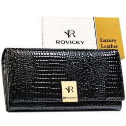Lakierowany, czarny portfel damski ze skóry naturalnej z systemem RFID RH-20A-1-RS Rovicky. Czarne portfele damskie ROVICKY, bez wzorów, z lakierowanej skóry. Za 95.99 zł.