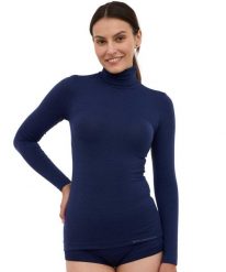Koszulka damska golf z wełną Brubeck COMFORT MERINO. Niebieskie golfy damskie Brubeck, l, bez wzorów, z materiału, bez ramiączek. Za 234.99 zł.