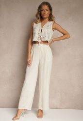 Beżowy Wiskozowy Komplet z Lnem Szerokie Spodnie i Wiązana Kamizelka Raliwena. Brązowe kamizelki damskie Renee, z aplikacjami, z materiału, eleganckie. Za 149.99 zł.