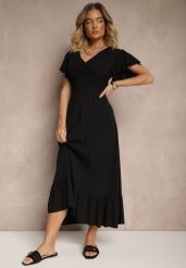Czarna Rozkloszowana Sukienka z Wiskozy z Kopertowym Dekoltem Rellrive. Czarne sukienki damskie Renee, na co dzień, l, bez wzorów, z wiskozy, eleganckie, bez kołnierzyka, bez ramiączek, maxi, kopertowe. W wyprzedaży za 63.99 zł.