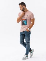 T-shirt męski z nadrukiem - różowy V15B - Rozmiar: XXL. Czerwone t-shirty męskie Ombre Clothing, m, bez wzorów, z bawełny, bez kołnierzyka. W wyprzedaży za 29.99 zł.