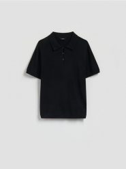 Bawełniany sweter polo - czarny. Czarne swetry męskie Reserved, l, bez wzorów, z bawełny, bez kołnierzyka. Za 119.99 zł.