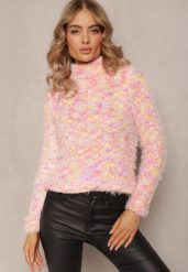 Różowo-Żółty Wełniany Sweter z Golfem z Puchatej Dzianiny Wilciem. Czerwone golfy damskie Renee, bez wzorów, z dzianiny, bez ramiączek. Za 49.99 zł.