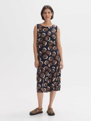 OPUS Sukienka w kolorze granatowo-jasnobrązowym rozmiar: 38. Brązowe sukienki damskie Opus, na co dzień, bez wzorów, z wiskozy, bez kołnierzyka, bez ramiączek, midi, proste. Za 108.74 zł.