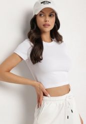 Biały T-shirt z Prążkowanego Materiału o Krótkim Kroju Telunna. Białe t-shirty damskie Born2be, l, bez wzorów, z jeansu, bez kołnierzyka. Za 29.99 zł.