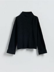 Sweter z wełną - czarny. Czarne swetry klasyczne damskie Reserved, l, z dzianiny, bez kołnierzyka. Za 199.99 zł.