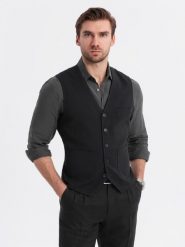 Dopasowana strukturalna męska kamizelka z naszywanymi kieszeniami – czarna V1 OM-BLZV-0146 - XXL. Czarne kamizelki męskie Ombre Clothing, l, z materiału. Za 161.99 zł.