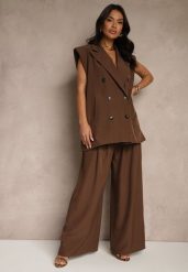 Brązowy Garnitur Kamizelka o Dwurzędowym Kroju i Szerokie Spodnie Ifflisse. Brązowe kamizelki damskie Renee, bez wzorów, eleganckie. Za 159.99 zł.