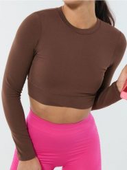 Sportowy crop top w stylu basic - brązowy. Brązowe topy sportowe damskie Sinsay, l, bez wzorów, bez ramiączek. W wyprzedaży za 17.99 zł.