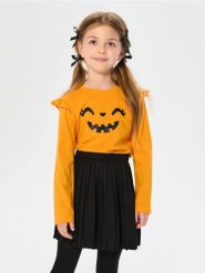 Koszulka z długimi rękawami z motywem Halloween - pomarańczowy. Brązowe koszulki dziewczęce Sinsay, l, bez wzorów, bez ramiączek. Za 12.99 zł.