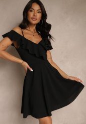 Czarna Rozkloszowana Sukienka na Ramiączkach z Falbankami Milauri. Czarne sukienki damskie Renee, na imprezę, na lato, s, bez wzorów, bez kołnierzyka, bez ramiączek, mini, rozkloszowane. Za 99.99 zł.