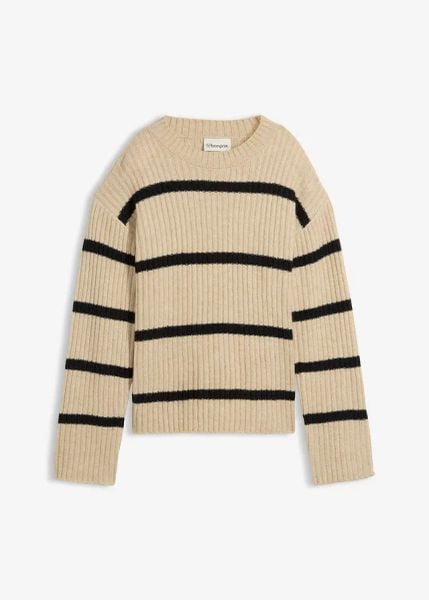 Sweter w paski. Brązowe swetry klasyczne damskie bonprix, bez kołnierzyka. Za 89.99 zł.
