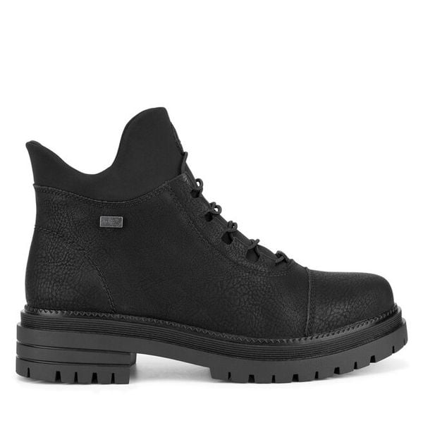 Trzewiki Rieker. Czarne botki damskie Rieker, bez obcasa, na płaskiej podeszwie, bez zapięcia. Za 269.99 zł.