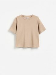Dzianinowy t-shirt z bawełną - beżowy. Brązowe t-shirty damskie Reserved, l, bez wzorów, z bawełny, bez kołnierzyka. Za 59.99 zł.