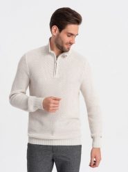 Sweter męski dzianinowy z rozpinaną stójką - kremowy V1 - Rozmiar: XXL. Białe swetry męskie Ombre Clothing, m, bez wzorów, z bawełny, bez kołnierzyka. W wyprzedaży za 49.99 zł.