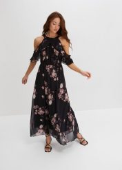 Długa sukienka z siatkowego materiału z nadrukiem. Czarne sukienki damskie bonprix, bez wzorów, bez kołnierzyka, bez ramiączek, maxi. Za 169.99 zł.