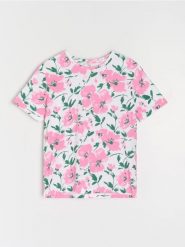 Bawełniana koszulka ze wzorem w kwiaty - Inny. T-shirty damskie Sinsay, l, bez wzorów, z bawełny, bez kołnierzyka. Za 12.99 zł.