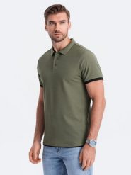 Męska bawełniana koszulka polo z kontrastowymi wykończeniami – oliwkowa V6 OM-POSS-0113 - XXL. Zielone koszulki polo męskie Ombre Clothing, l, bez wzorów, z bawełny, bez ramiączek. Za 71.99 zł.